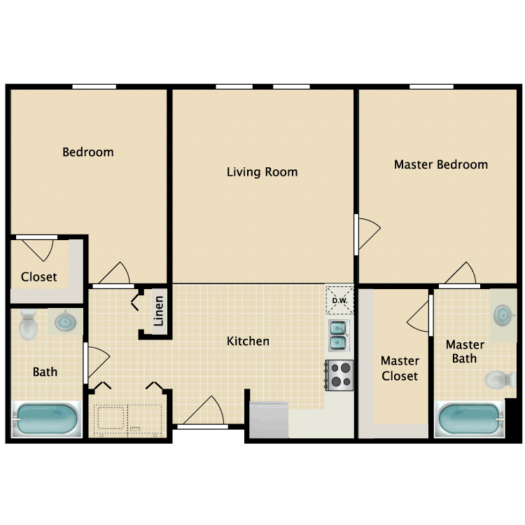 Floor plan for 2 beds, 2 baths, 908 sqft